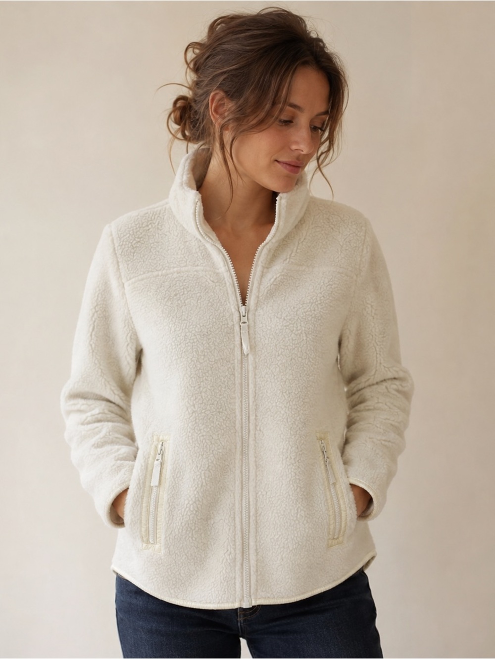 Talbots Ivory Sherpa Fleece Full Zip Jacket Small Cozy Coastal Grandma